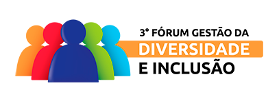 Descrição da imagem #Pra CegoVer: A imagem está no formato retangular, na horizontal. Com fundo branco, a imagem traz ícones de cinco pessoas, que estão em perspectiva, nas cores laranja, vermelho, azul marinho, verde e azul claro. Ao lado dos ícones, está escrito: 3º Fórum gestão da diversidade e inclusão. Fim da descrição.