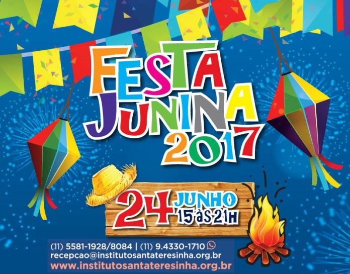 Descrição da imagem #PraCegoVer: Imagem no formato quadrado. Trata-se de uma arte de divulgação da Festa Junina do Instituto Santa Teresinha. A imagem tem fundo azul. Na parte superior estão bandeirinhas de festa junina coloridas. Nelas estão presos dois balões. No centro da imagem está escrito: Festa Junina 2017. Abaixo está uma informação, que foi sobreposta na ilustração de uma tábua de madeira: 24 de junho, das 15 às 21h. No canto superior esquerdo da madeira está a ilustração de um chapéu de palha e no canto inferior direito está uma pequena fogueira. No rodapé da imagem estão os telefones de contato para informações, e-mail e site do instituto. Fim da descrição.