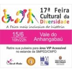 Descrição da imagem #PraCegoVer: Imagem no formato quadrado. Um cartaz de divulgação de um evento, com fundo branco. Traz no canto superior, esquerdo, os ícones das deficiências físicam auditiva e da mobilidade reduzida. Ao lado dos ícones está escrito: 17ª Feira Cultural da Diversidade. Abaixo está a seguinte informação: A Feira mais inclusiva da história. No meio da imagem está uma faixa na cor pink escrito: 15/6, das 10h às 22h. Vale do Anhangabaú. Na parte inferior da imagem está escrito: Retire sua pulseira para a área VIP Acessível no estande da SMPED/CMPD. No rodapé da imagem estão os logos do Gata de Rodas, da Associação da Parada do Orgulho LGBT de São Paulo, da CMPD e da SMPED. Fim da descrição.