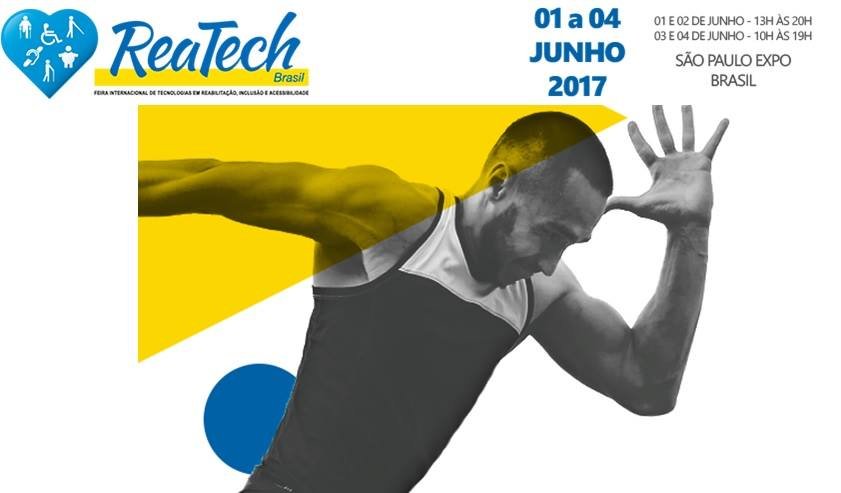 Descrição da imagem #PraCegoVer: A imagem está no formato retangular, na horizontal. Nela está a imagem de um atleta e seu movimento deixa claro que a foto foi feita durante uma corrida. Ele está de lado, usa uma roupa esportiva e tem o braço direito para traz e o braço esquerdo levantado, à frente do rosto. No canto superior esquerdo da imagem está a imagem um coração azul com os símbolos das deficiências dentro, em branco. Ao lado do coração está escrito Reatech, também em azul. No canto superior direito, estão as informações do evento, como data, hora e local. A imagem tem um fundo branco e atrás do atleta existe uma faixa descontinuada na cor amarelo e um pequeno círculo azul. Fim da descrição.