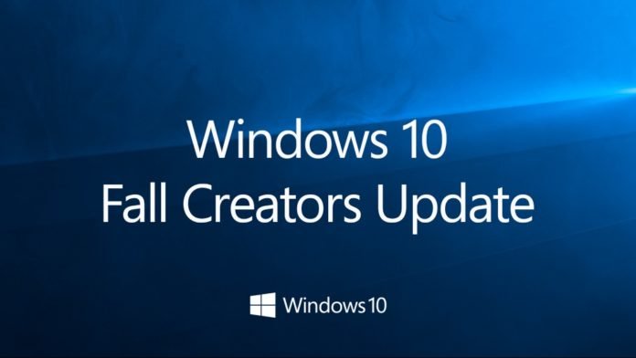 Descrição da imagem #PraCegoVer: A imagem está no formato retangular, na horizontal. Nela é possível ver uma tela azul, onde está escrito, em branco: Windows 10 Fall Creators Update, e na linha seguinte: Windows 10. Fim da descrição.