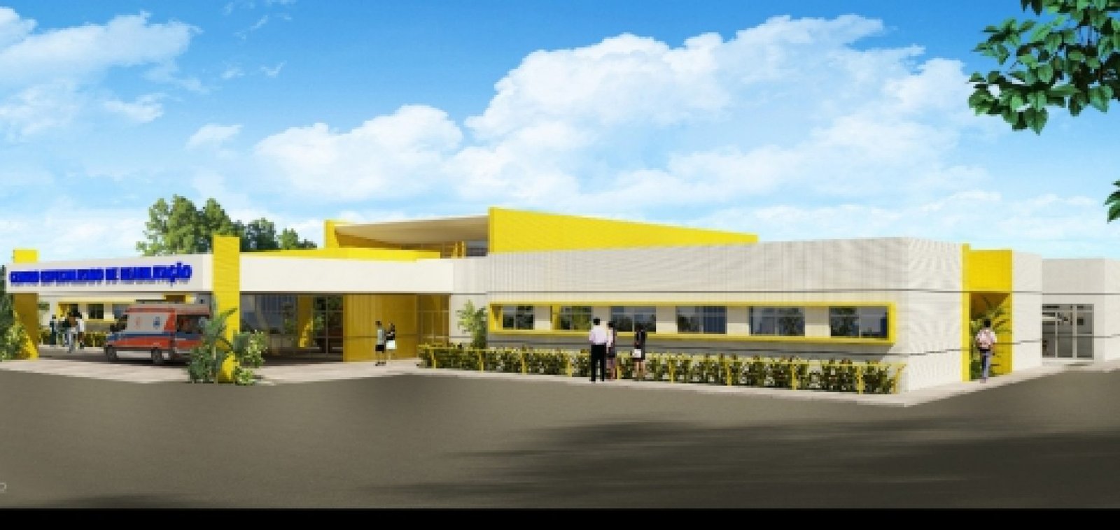 Descrição da imagem #PraCegoVer: Imagem no formato retangular, na horizontal. Imagem de um protótipo da fachada do centro de reabilitação que será construído. A fachada tem arquitetura moderna com destaque para detalhes na cor amarela. Fim da descrição.