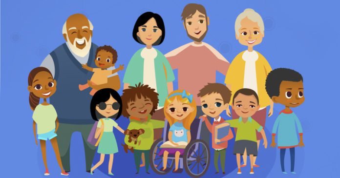 Descrição da imagem #PraCegoVer: Imagem no formato retangular, na horizontal. Nela temos a ilustração de um grupo de pessoas, entre adultos e crianças, com e sem deficiência. A imagem tem fundo azul e as pessoas usam roupas coloridas. Existem pessoas idosas, homens, mulheres, brancos, negros, cadeirantes e outros, o que representa a diversidade. Fim da descrição.