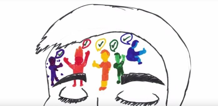 Descrição da imagem #PraCegoVer: Imagem no formato retangular, na horizontal. A ilustração de parte da cabeça de um menino. A ilustração é feita com uma canetinha preta em fundo branco. Na área da testa do menino, temos a imagem de cinco pessoas, todas com balões de pensamentos saindo de suas cabeças. As pessoas são coloridas, nas cores: roxo, vermelho, amarelo e vermelho, verde e azul. O menino está com os olhos fechados. Fim da descrição.