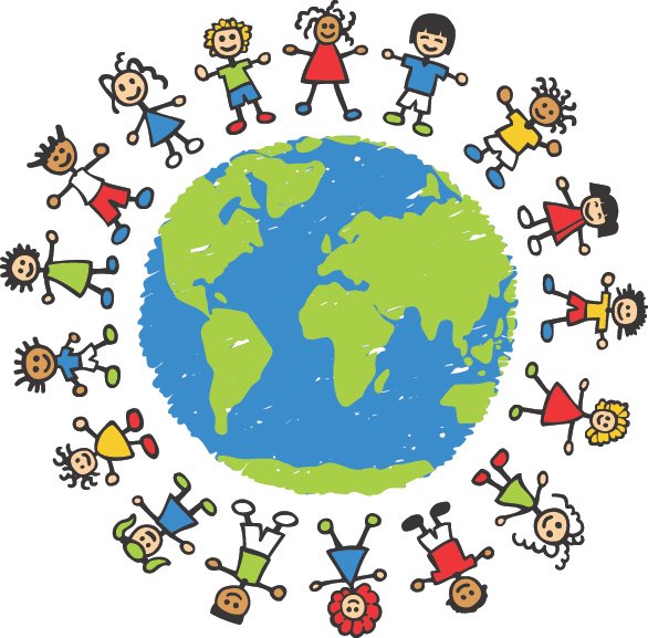 Descrição da imagem #PraCegoVer: Imagem no formato quadrado. No centro da imagem temos a ilustração de um globo terrestre, em que os oceanos estão na cor azul e as partes dos continentes estão em verde. Em volta estão imagens de crianças de diversas formas e cores, como se formassem uma grande roda. Fim da descrição.