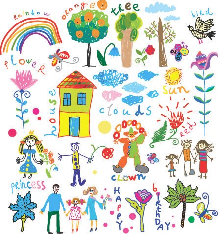 Descrição da imagem #PraCegoVer: Imagem no formato quadrado. Uma série de desenhos feitos por crianças, espalhados em uma folha em branco. Os desenhos são de casinha, família, árvore, arco-íris e outros. Todos muito coloridos e com traços bem infantis. Fim da descrição.
