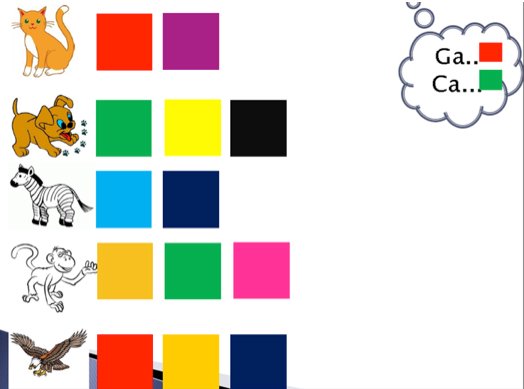 Descrição da imagem #PraCegoVer: Imagem no formato quadrado. Modelo de uma atividade. Existem animais, quadros coloridos e a proposta é de que a criança preencha os quadros com o nome dos animais. Fim da descrição.