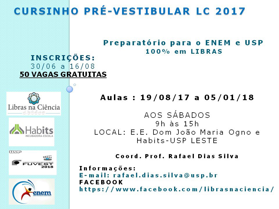 Descrição da imagem #PraCegoVer: Imagem no formato quadrado. Banner de divulgação das inscrições para o cursinho pré-vestibular em Libras, com as informações, descritas no texto abaixo. Fim da descrição.