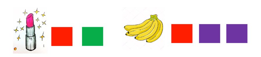 Descrição da imagem #PraCegoVer: Imagem no formato retangular, na horizontal. A ilustração de um batom, seguido de dois quadrados coloridos, de uma banana e mais três quadrados coloridos. Fim da descrição.