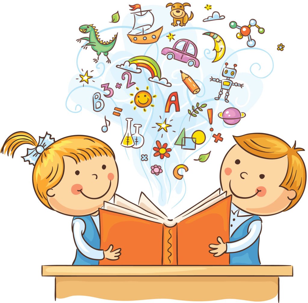 Descrição da imagem #PraCegoVer: Imagem no formato quadrado. Uma ilustração com duas crianças, uma menina e um menino. Eles estão sentados em uma mesma carteira, e seguram um livro, com capa na cor laranja. Do livro, saem várias letras e figuras coloridas. Fim da descrição.