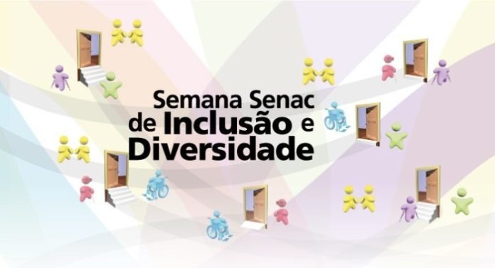 Descrição da imagem #PraCegoVer: Imagem no formato retangular, na horizontal. Uma ilustração com as informações o evento. Nela está escrito: Semana Senac de Inclusão e Diversidade. Fim da descrição.