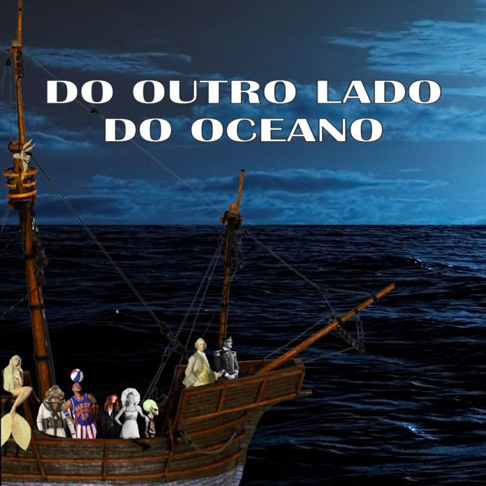 Descrição da imagem #PraCegoVer: Imagem no formato quadrado. Banner de divulgação do espetáculo Do outro lado do oceano. Na imagem, um navio com alguns tripulantes está em um oceano, durante a noite. Na parte superior da imagem está escrito o nome da peça, em letras na cor branca: O outro lado do oceano. Fim da descrição.