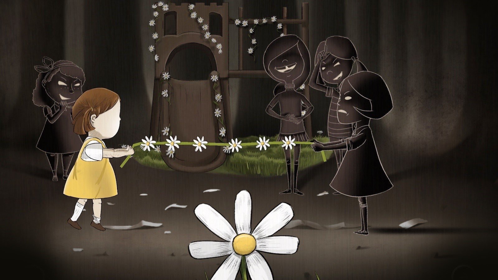Descrição da imagem #PraCegoVer: Imagem no formato quadrado. Ilustração de uma menina, que usa vestido amarelo, brincando com outras crianças. Elas seguram uma espécie de corda de margaridas. Elas estão em um ambiente escuro, que parece uma caverna. Em destaque, na parte central, inferior, temos uma grande flor margarida branca. Fim da descrição.