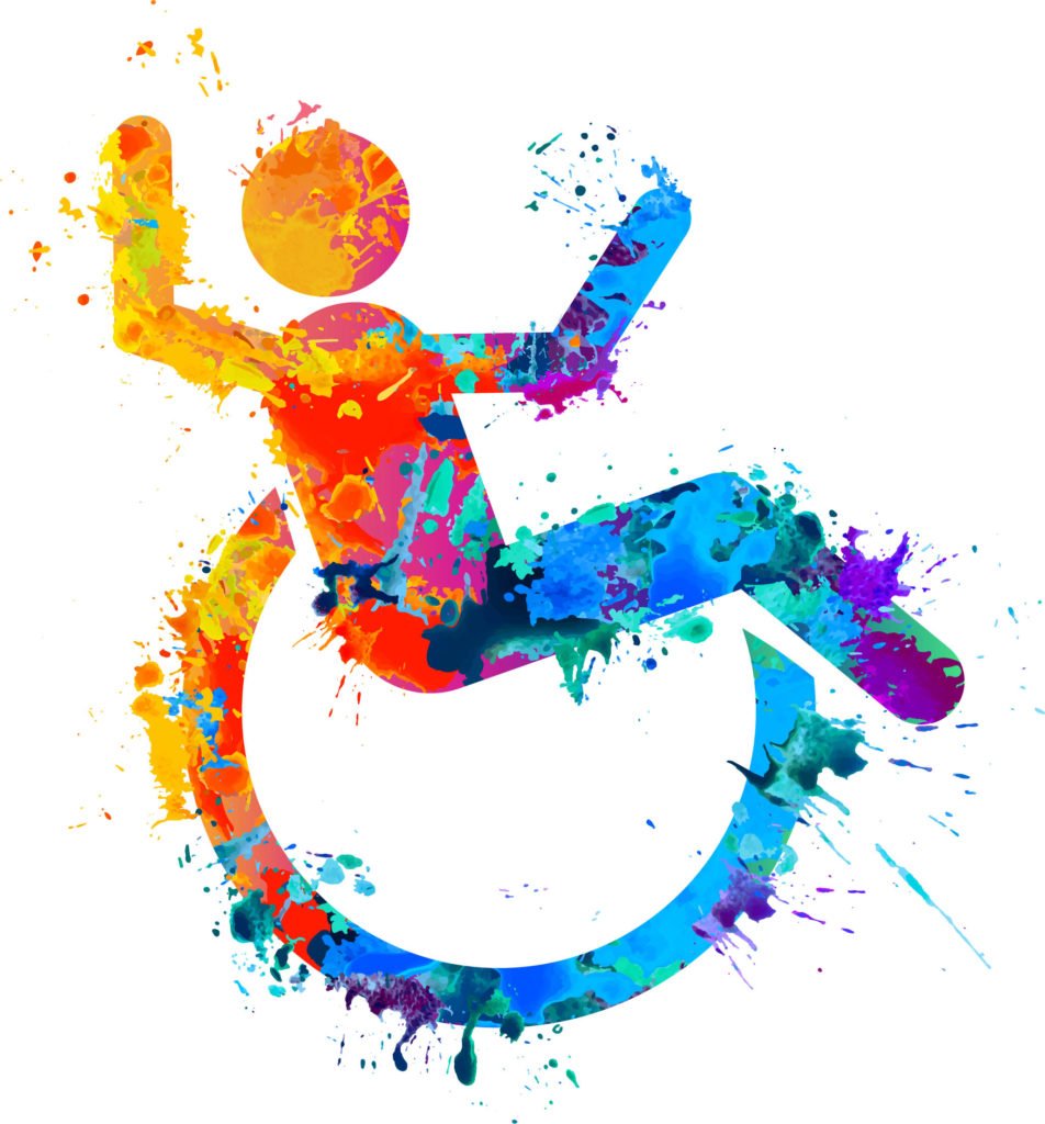 Descrição da imagem #PraCegoVer: Imagem no formato quadrado. O símbolo da deficiência física, com uma pessoa sentada em uma cadeira de rodas, estilizado nas cores laranja, amarelo, azul, verde, vermelho e roxo. Fim da descrição.