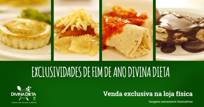 Descrição da imagem #PraCegoVer: A imagem está no formato retangular, na horizontal. Banner de divulgação da linha Dieta Divida da APAE DE SÃO PAULO. A imagem tem fundo verde e se divide em quatro fotos de alimentos: uma quiche; um raviolli; uma panqueca e um doce com calda de chocolate. Abaixo das fotos está a frase: 'Exclusividades de fim de ano Divina Dieta'. No canto inferior esquerdo está o logo da marca Divina Dieta e no canto inferior direito está escrito: 'Venda exclusiva na loja física - imagens meramente ilustrativas'. Fim da descrição.