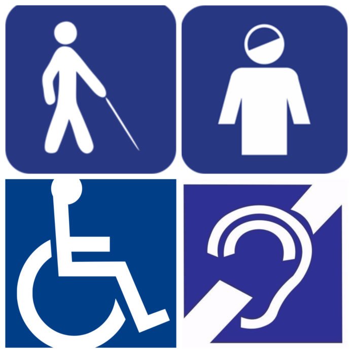 Descrição da imagem #pracegover: Arte com a montagem dos símbolos das deficiências: visual, intelectual, física e auditiva. Fim da descrição.