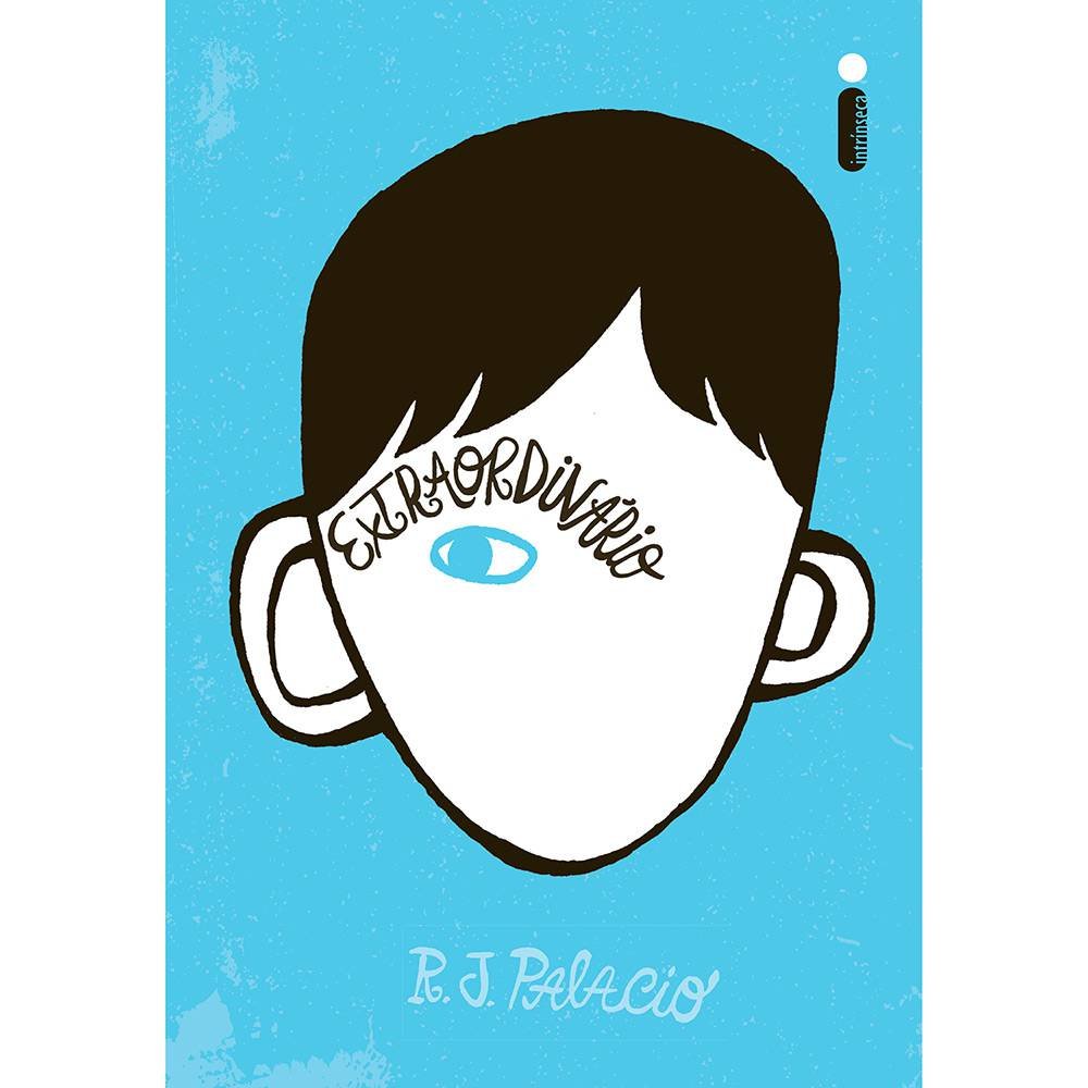 Descrição da imagem #PraCegoVer: Imagem no formato quadrado. Capa do livro Extraordinário. A capa é azul e mostra a ilustração de um rosto de menino, com apenas um olho azul e uma sobrancelha. Fim da descrição.