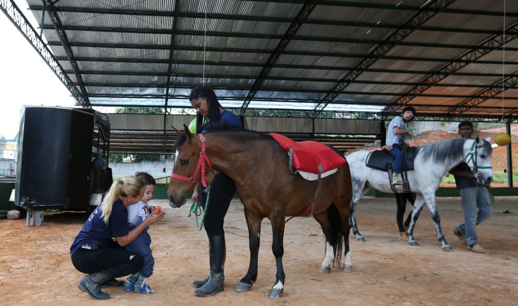 Descrição da imagem #PraCegoVer: A equipe de equoterapia durante o atendimento de pacientes com deficiência. Na imagem vemos dois cavalos, um branco e um marrom. Ambos estão em atendimento. Fim da descrição.