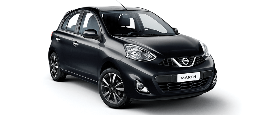 Descrição da imagem #PraCegoVer: Imagem em formato retangular, na horizontal. Nela está o modelo Nissan March,,na cor preto premium, o hatchback da Nissan. Fim da descrição.