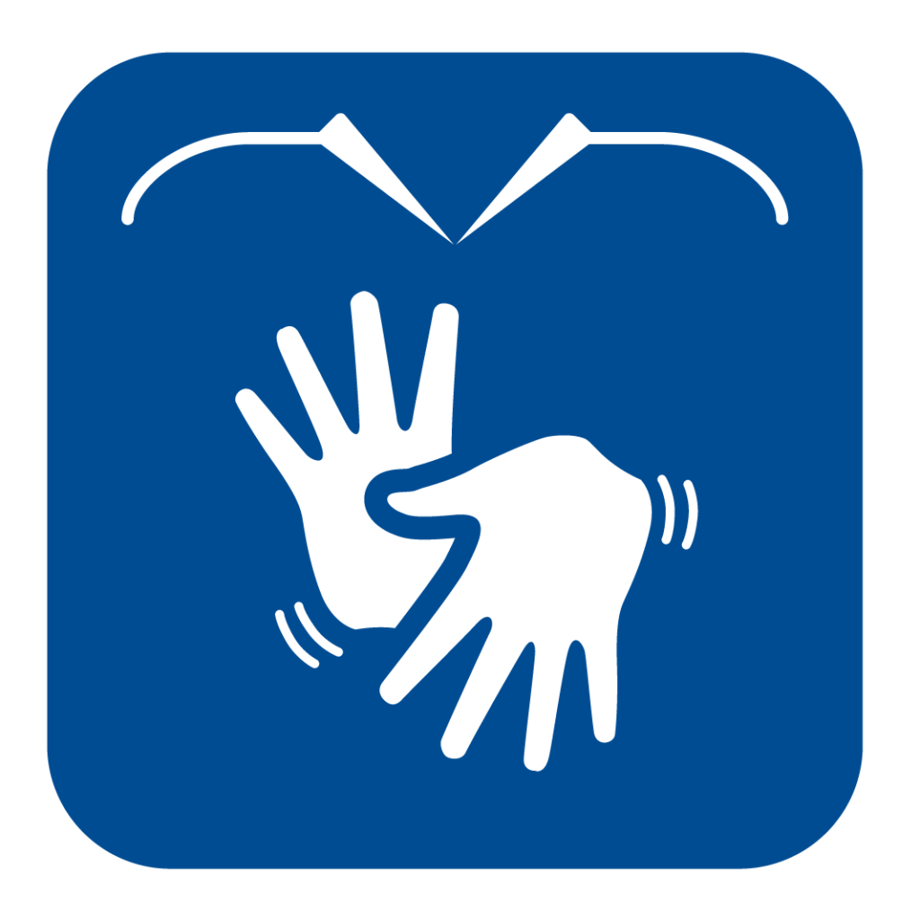 Descrição da imagem #PraCegoVer: A imagem está no formato quadrado. O símbolo oficial da Língua Brasileira de Sinais (Libras). Nele estão duas mãos, sobrepostas. Elas são brancas, e a imagem tem um fundo azul. Fim da descrição.