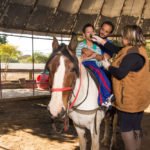 Descrição da imagem #PraCegoVer: Imagem no formato retangular, na horizontal. Um rapaz está montado em um cavalo branco com manchas marrons. Ele está sendo apoiado por um profissional de equoterapia, que também está montado no cavalo. Ao lado do cavalo, a fonoaudióloga Andrea Ribeiro, realiza o atendimento do rapaz. Eles estão no setting terapêutico. Fim da descrição.