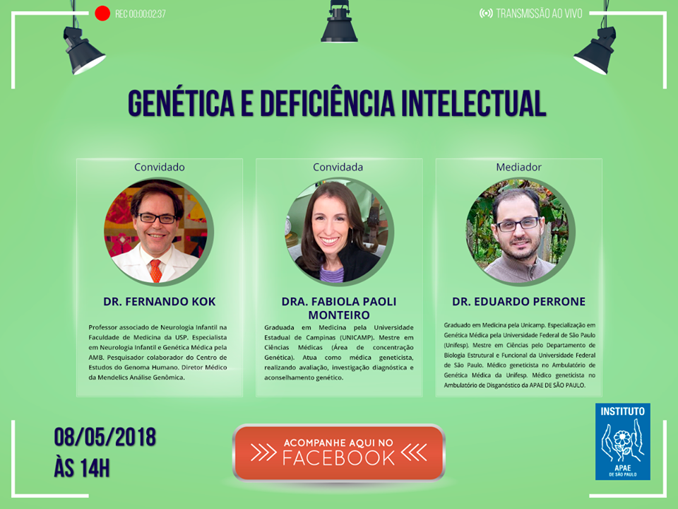 Descrição da imagem #PraCegoVer: Imagem no formato retangular, na horizontal. Banner de divulgação do debate sobre genética e deficiência intelectual da APAE DE SÃO PAULO. Fim da descrição.