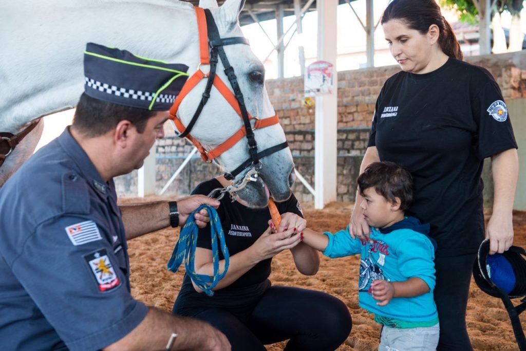 #descriçãodaimagem: Foto de uma sessão de equoterapia. Uma criança está dando cenoura para um cavalo. A criança está acompanhada de três profissionais, especializados em equoterapia. Fim da descrição.