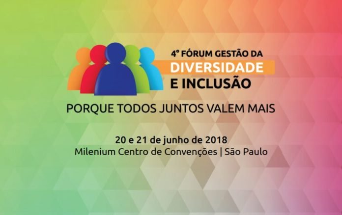 Descrição da imagem #Pra CegoVer: Imagem no formato retangular, na horizontal. Com fundo colorido, em tons de verde, cinza e rosa, a imagem traz ícones de cinco pessoas, que estão em perspectiva, nas cores laranja, vermelho, azul marinho, verde e azul claro. Ao lado dos ícones, está escrito: 4º Fórum Gestão da Diversidade e Inclusão. Abaixo está escrito: Porque todos juntos valem mais. E, abaixo estão os dados do evento: 20 e 21 de junho de 2018, Milenium Centro de Convenções | São Paulo. Fim da descrição.