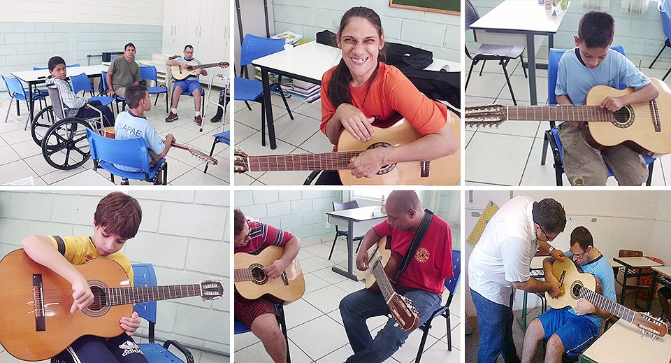 Descrição da imagem #PraCegoVer: Imagem no formato retangular, na horizontal. Montagem de fotos dos jovens com deficiência que testaram o violão terapêutico. Fim da descrição.