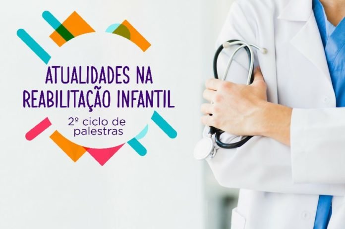 Descrição da imagem #PraCegoVer: Imagem no formato retangular, na horizontal. Uma arte que tem, no lado direito, a imagem de um profissional da área da saúde, que está vestindo um jaleco branco e segura, em sua mão esquerda, um estetoscópio. Do lado esquerdo, está escrito Atualidades da Reabilitação Infantil, 2º ciclo de palestras, dentro de um círculo com diversas formas diferentes coloridas. Fim da descrição.