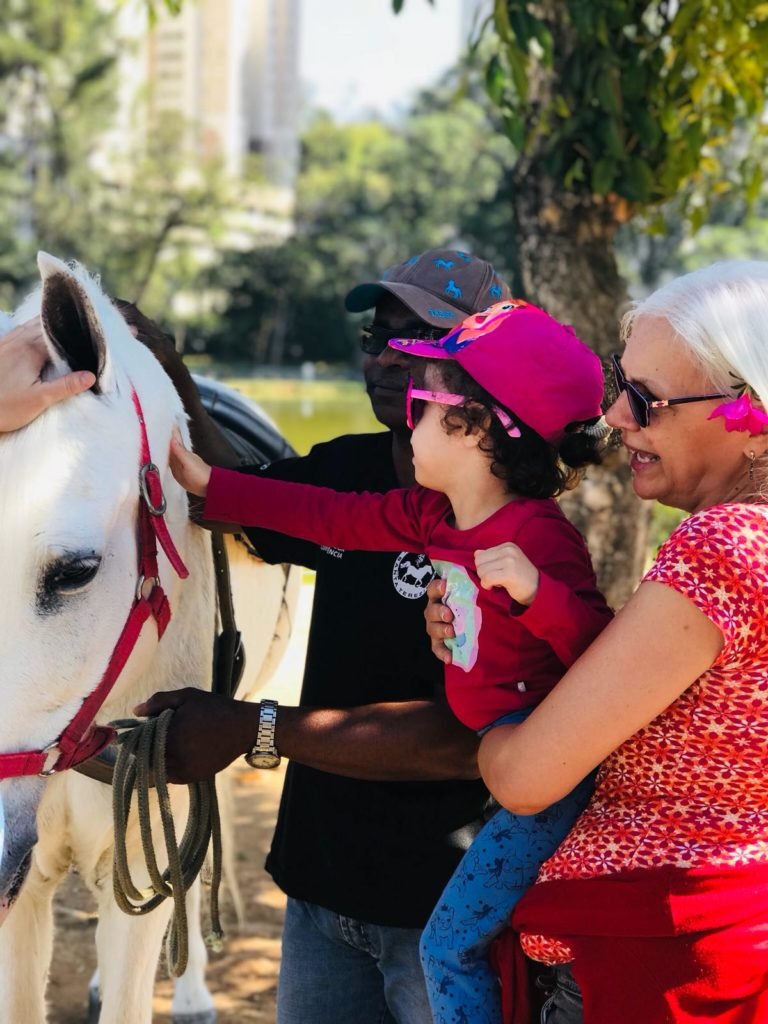 Descrição da imagem #PraCegoVer: Imagem no formato retangular, na vertical. Uma mulher segura uma criança, que está passando a mão em um cavalo branco. Fim da descrição.