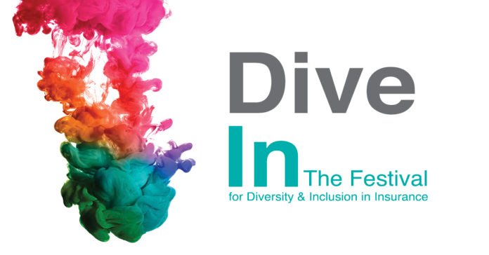 Descrição da imagem #PraCegoVer: Imagem no formato retangular, na horizontal. Banner de divulgação do evento. Nele está escrito: Dive In, the festival of diversity & inclusion in insurance. Fim da descrição.