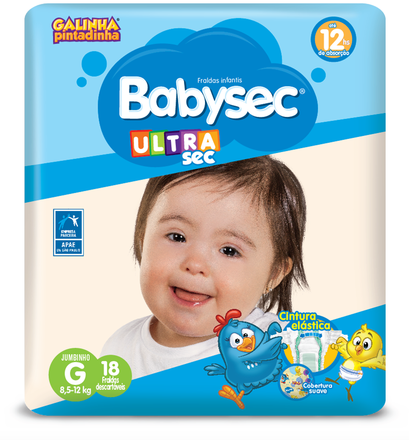 Descrição da imagem #PraCegoVer: Imagem no formato quadrado. Embalagem da fralda Babysec com a imagem da bebê Trini, que tem síndrome de Down. Trini é morena, tem cabelos castanhos e lisos. Ela está sorrindo. Na parte superior da embalagem está escrito Babysec Ultrasec e na parte de baixo estão as especificações do produto e imagens da Galinha Pintadinha. Fim da descrição.