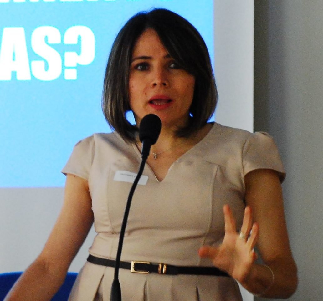Descrição da imagem #PraCegoVer: Imagem no formato retangular, na horizontal. A secretária adjunta da Secretaria Municipal dos Direitos da Pessoa com Deficiência de São Paulo, Marinalva Cruz. Ela é uma mulher morena, de pele clara. Marinalva tem cabelos castanhos, lisos, na altura dos ombros. Ela usa um vestido bege e está palestrando, com o microfone à sua frente. Fim da descrição.