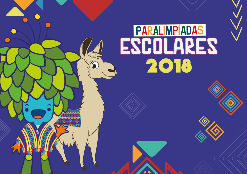 Descrição da imagem #PraCegoVer: Imagem no formato retangular, na horizontal. Banner de divulgação das Paralimpíadas Escolares. Arte tem fundo azul marinho e traz a imagem do Tom, mascote das Paralimpíadas Rio 2016 e de uma lhama. Do lado direito está escrito: Paralimpíadas Escolares 2018. A imagem traz algumas formas coloridas. Fim da descrição.