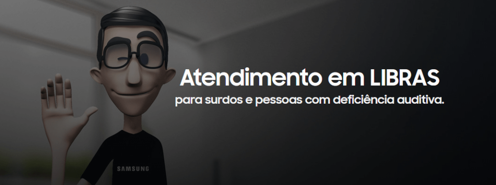 Descrição da imagem #PraCegoVer: Imagem no formato banner. Imagem do banner de divulgação da página de atendimento em Libras no site do Samsung Care. Ela tem fundo cinza em degradê, e traz a imagem do Hugo, tradutor de Libras da Hand Talk. Ao lado do Hugo está escrito, em letras brancas: Atendimento em Libras para surdos e pessoas com deficiência auditiva. Fim da descrição.