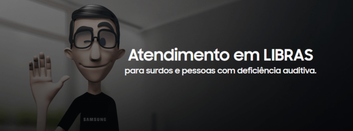 Descrição da imagem #PraCegoVer: Imagem no formato banner. Imagem do banner de divulgação da página de atendimento em Libras no site do Samsung Care. Ela tem fundo cinza em degradê, e traz a imagem do Hugo, tradutor de Libras da Hand Talk. Ao lado do Hugo está escrito, em letras brancas: Atendimento em Libras para surdos e pessoas com deficiência auditiva. Fim da descrição.