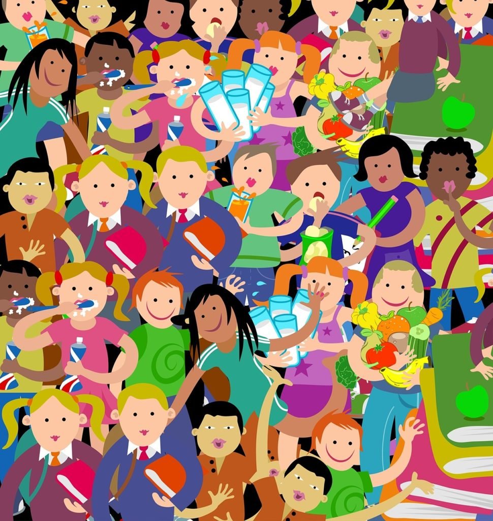 Descrição da imagem #PraCegoVer: Imagem no formato retangular, na vertical. Ilustração de várias pessoas diferentes, fazendo coisas diferentes. A imagem é muito colorida e retrata de forma divertida a diversidade humana. Fim da descrição.