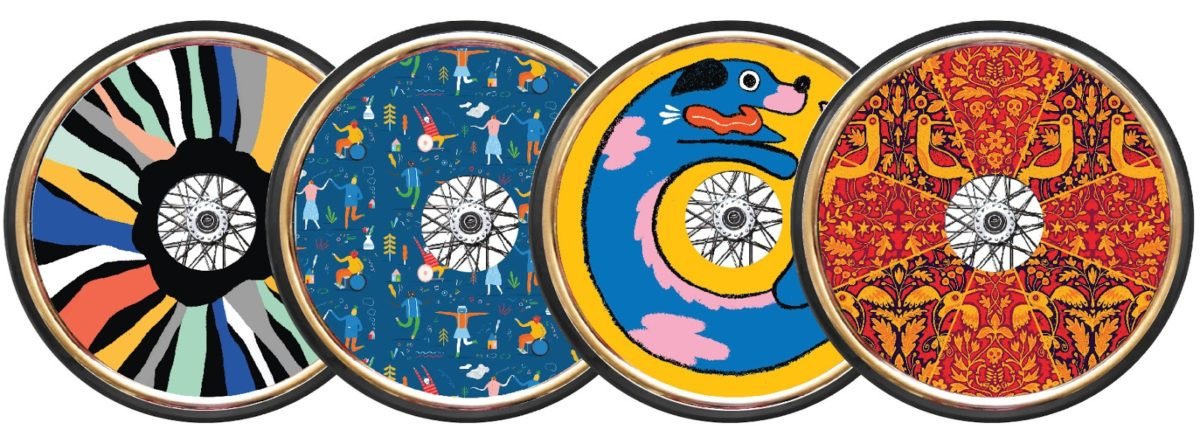 Descrição da imagem #PraCegoVer: Imagem no formato retangular, na horizontal. Quatro rodas personalizadas da marca Izzy Wheels. Fim da descrição.
