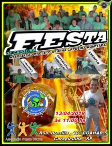 Descrição da imagem #PraCegoVer: Imagem no formato retangular, na vertical. Cartaz de divulgação da festa de capoeira adaptada. Fim da descrição.