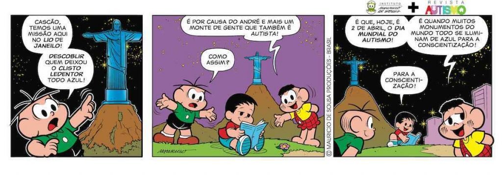 Descrição da imagem #PraCegoVer: Imagem no formato retangular, na horizontal. Tirinha da Turma da Mônica criada em comemoração ao Dia Mundial de Conscientização ao Autismo. São três quadros em que os personagens Cebolinha e Cascão interagem com André, personagem da Turma da Mônica, que tem autismo. Fim da descrição.