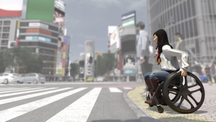 Descrição da imagem #PraCegoVer: Imagem no formato retangular, na horizontal. Ilustração de uma mulher atravessando a rua. Ela está em uma cadeira de rodas. Fim da descrição.