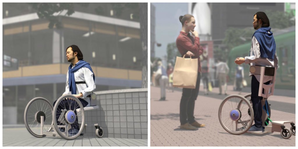 Descrição da imagem #PraCegoVer: Imagem no formato retangular, na horizontal. Ilustração dividida em duas partes. Do lado esquerdo, um homem está em uma cadeira de rodas. Do lado direito, o mesmo homem, está em pé na mesma cadeira. Ele conversa com uma mulher. Fim da descrição.