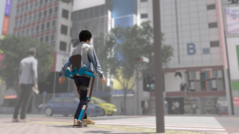 Descrição da imagem #PraCegoVer: Imagem no formato retangular, na horizontal. Ilustração de uma pessoa caminhando na rua usando um exoesqueleto. Fim da descrição.