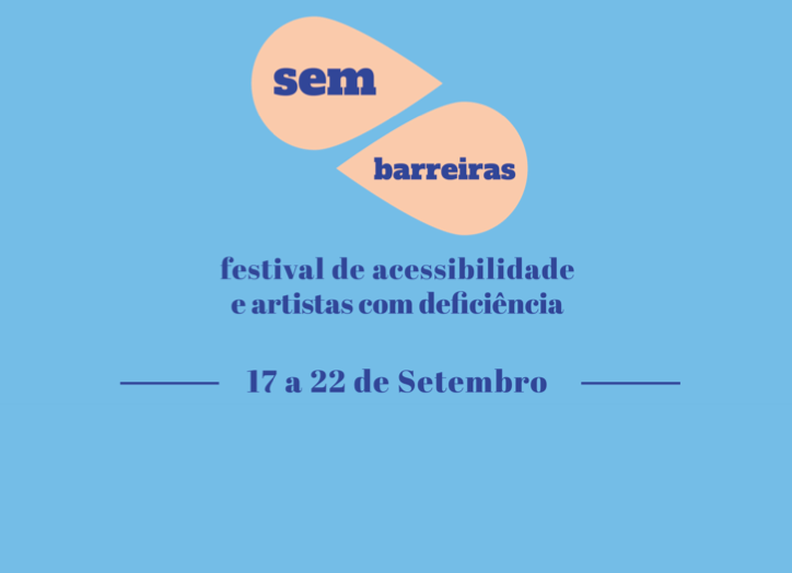 Descrição da imagem #PraCegoVer: Arte de divulgação do festival de acessibilidade. A imagem tem fundo azul claro. Na parte superior o logotipo do festival representada pelo símbolo de localização do Google Maps, na cor rosé. Dentro dele está escrito: Sem Barreiras. Abaixo está o texto: Festival de acessibilidade e artistas com deficiência - 17 a 22 de setembro. Fim da descrição.
