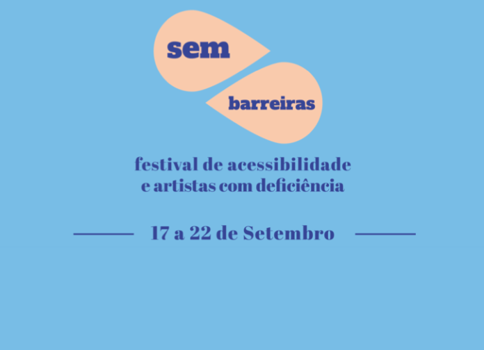 Descrição da imagem #PraCegoVer: Arte de divulgação do festival de acessibilidade. A imagem tem fundo azul claro. Na parte superior o logotipo do festival representada pelo símbolo de localização do Google Maps, na cor rosé. Dentro dele está escrito: Sem Barreiras. Abaixo está o texto: Festival de acessibilidade e artistas com deficiência - 17 a 22 de setembro. Fim da descrição.