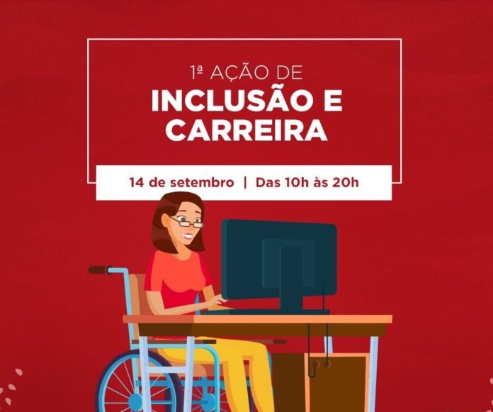 Descrição da imagem #PraCegoVer: Arte de divulgação do evento de empregabilidade. Na parte superior está escrito: 1ª ação de inclusão e carreira, 14 de setembro, das 10 às 20 horas. No centro da imagem tem a ilustração de uma mulher cadeirante trabalhando com um computador. Fim da descrição.
