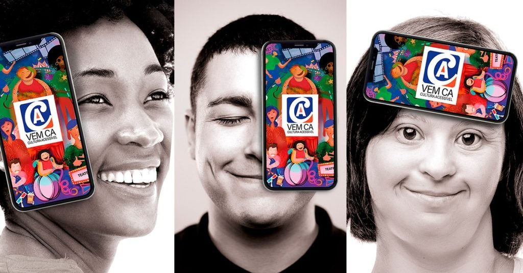 Descrição da imagem #PraCegoVer: Montagem com três imagens lado a lado. A primeira, na esquerda, mostra uma mulher com o aplicativo Vem CA em um celular do lado esquerdo de seu rosto. A segunda, no meio, mostra um homem com os olhos fechados e o aplicativo cobrindo metade de seu rosto. A terceira mostra uma mulher olhando para a frente com o aplicativo em sua testa. As três pessoas estão sorrindo. Fim da descrição.
