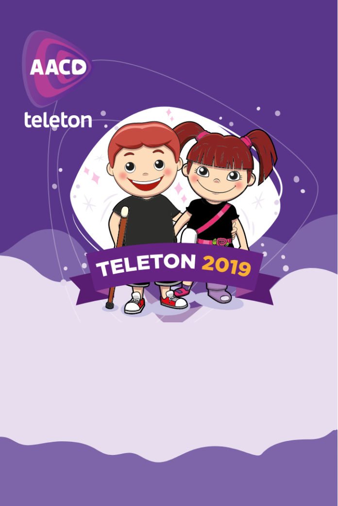 Descrição da imagem #PraCegoVer: Banner de divulgação do Teleton 2019. Nele está a ilustração de um menino e uma menina. Eles estão usando camiseta preta e sorriem. No canto superior esquerdo está o logo fo Teleton e na parte central, na frente da ilustração das crianças, está escrito: teleton 2019. Fim da descrição.
