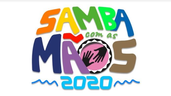 Descrição da imagem #PraCegoVer: Banner de divulgação do projeto Samba com as Mãos 2020. A imagem tem fundo branco e as palavras: Samba com as Mãos escritas em diversas cores e em uma letra arredondada. Dentro da letra O tem o desenho de duas mãos, que representa o símbolo da Língua de Sinais. Fim da descrição.